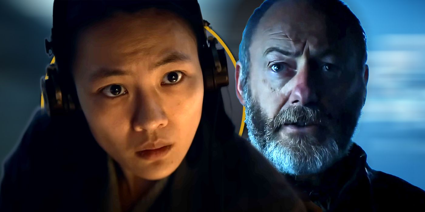 jess hong in 3 body problem looking up at liam cunningham in game of thrones exclusive header