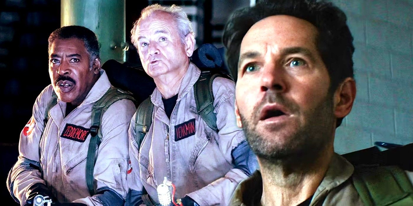 winston and peter looking at something in their uniforms while paul rudd looks shocked in ghostbusters frozen empire
