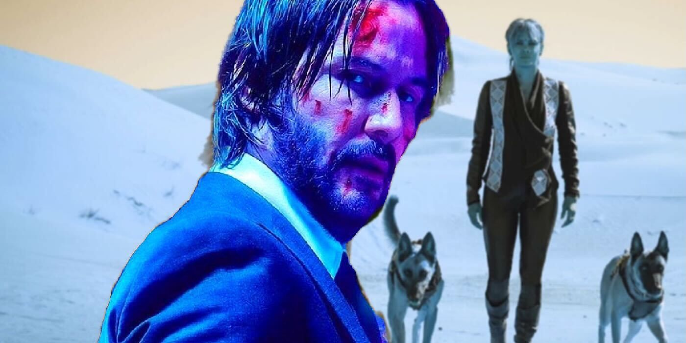 keanue reeves as john wick and halle berry with two dogs