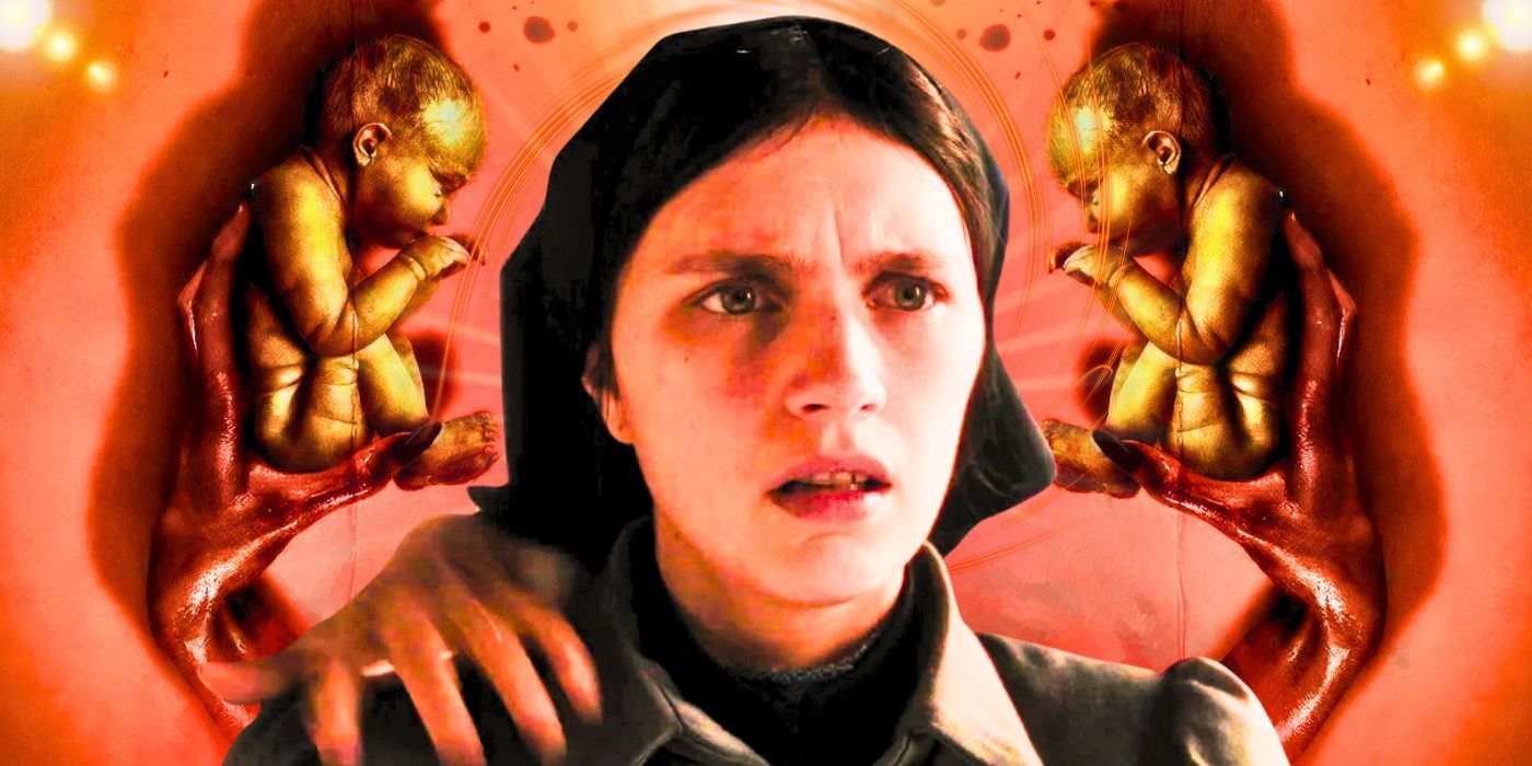 the first omen margaret with a hand on her shoulder and with a baby next to her on each side