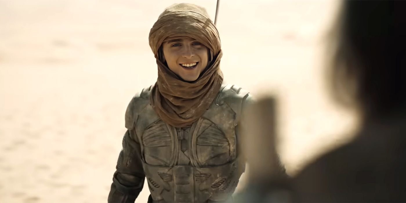 timothe e chalamet as paul looking happy to see gurney in dune part two