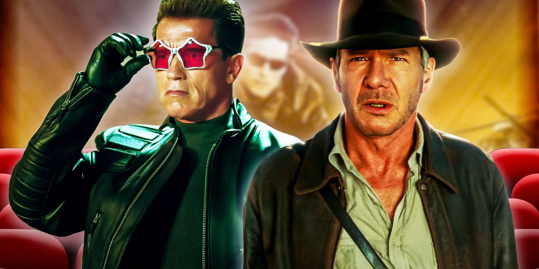 harrison ford as indiana jones from indiana jones and the kingdom of the crystal skull and arnold schwarzenegger as terminator from terminator 3 rise of the machines