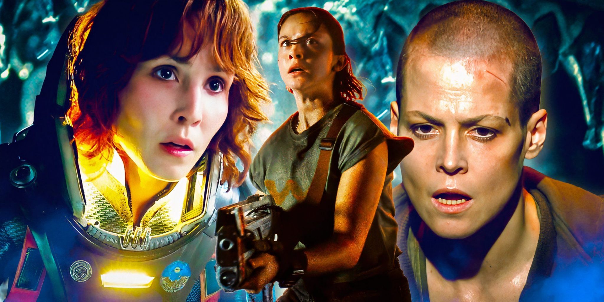 sigourney weaver as ellen ripley from alien noomi rapace as elizabeth shaw from prometheus and cailee spaeny as rain carradine from alien romulus