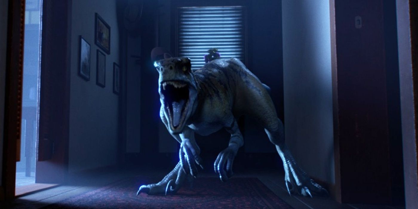 a velociraptor roars after breaking into a house in jurassic world chaos theory