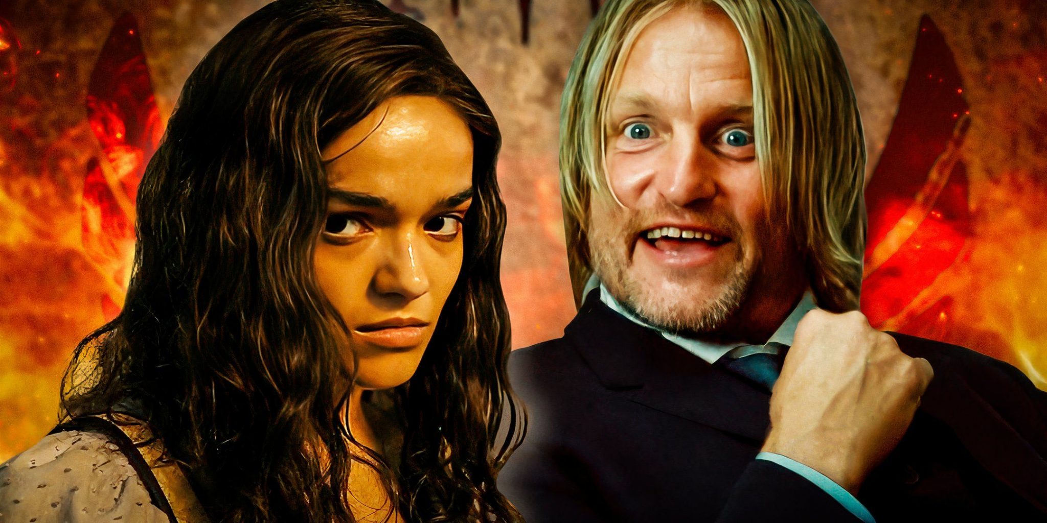 rachel zegler as lucy gray in the ballad of songbirds and snakes and woody harrelson as haymitch in the hunger games