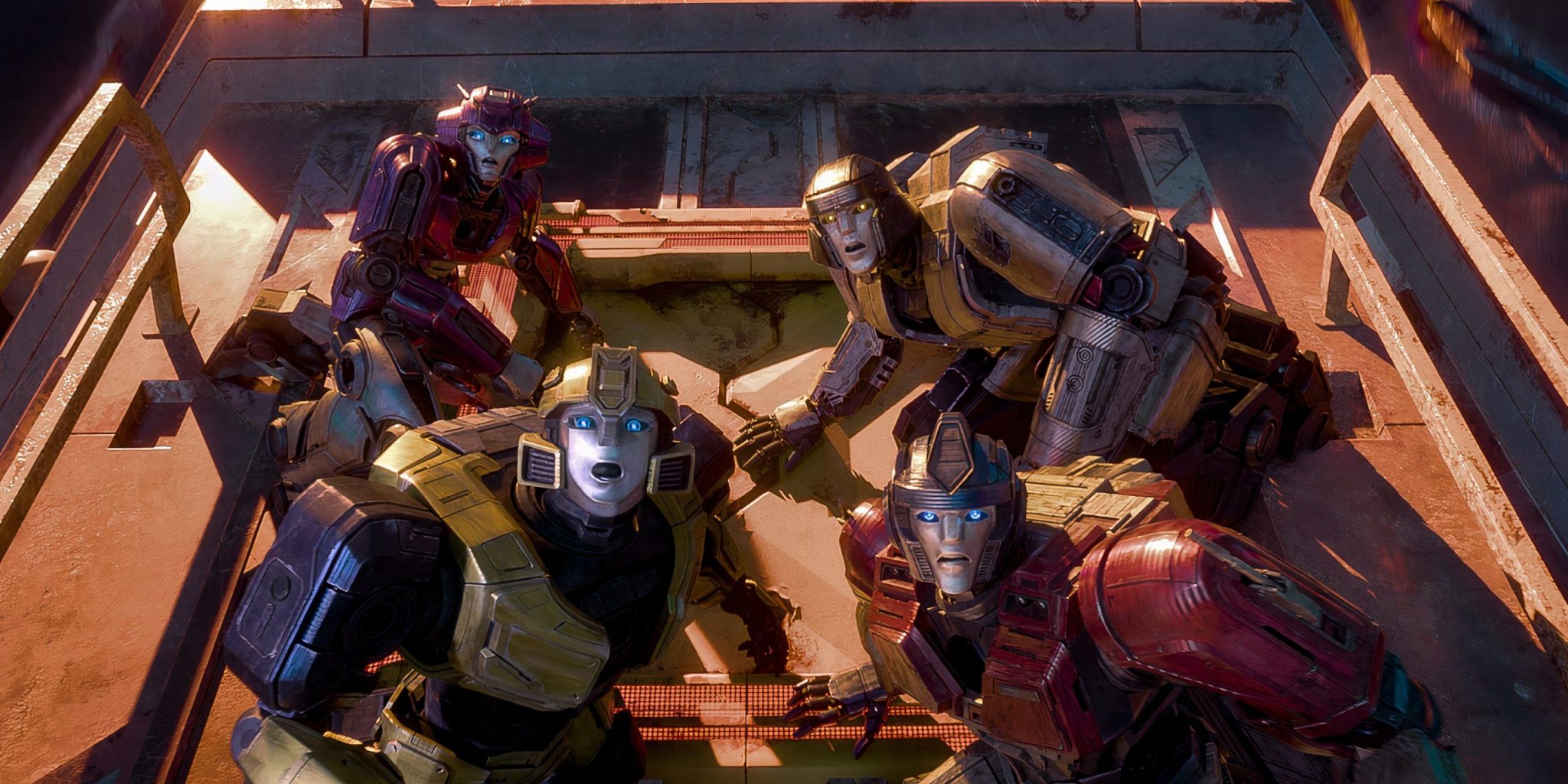 elita bumblebee megatron and optimus prime stand together in transformers one scaled