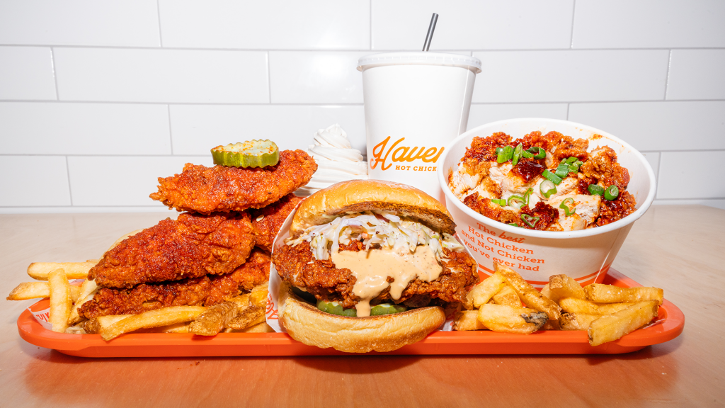 HAVEN HOT CHICKEN Tendie Trio Sandwich Sweet Heat Mac Bowl PhotoCredit CourtesyHavenHotChicken.png